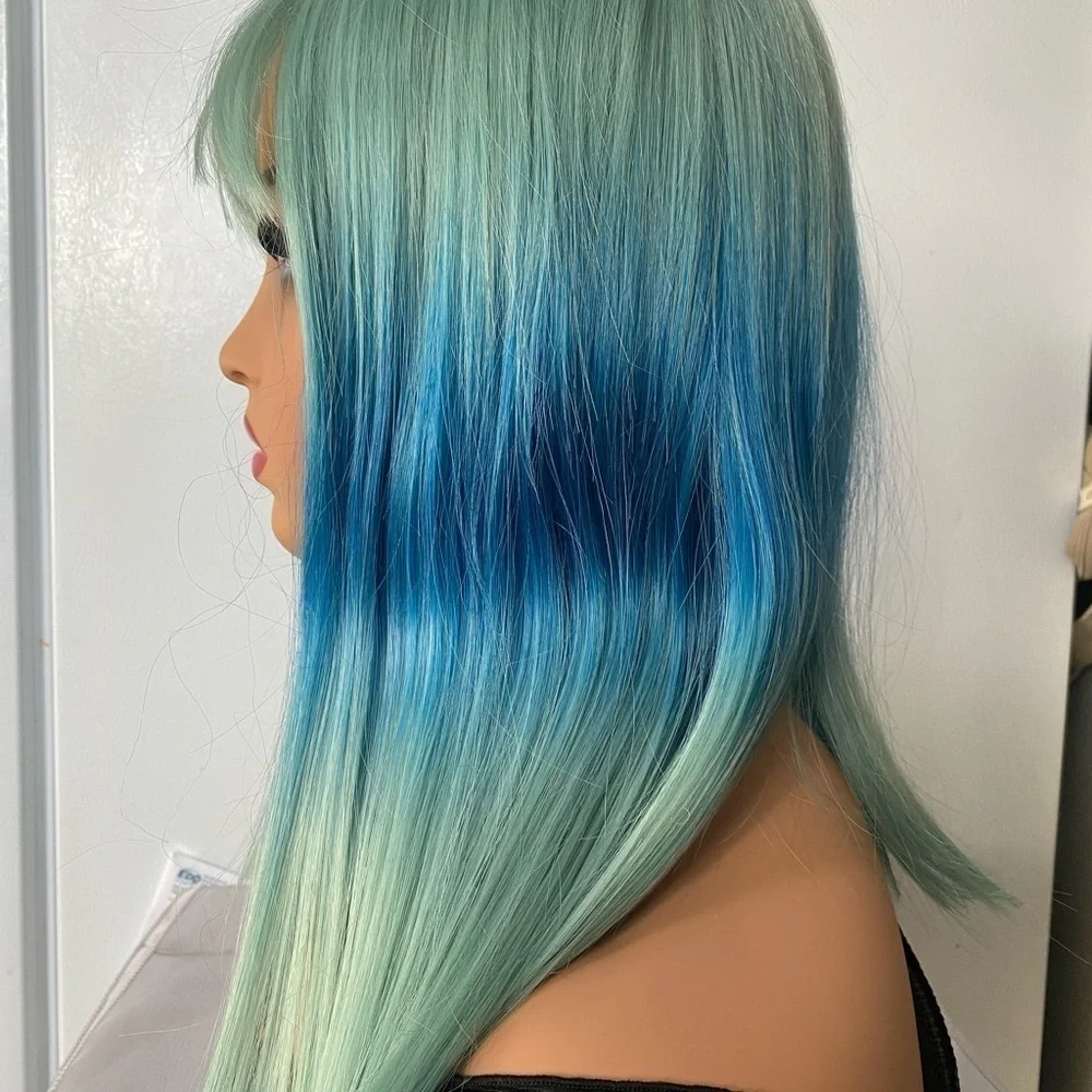 Medium hair Wig Aqua Green + Blue balayage two tone 16” with bangs